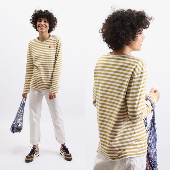 Comme des Garcons | PLAY Heart Patch Striped Long Sleeve Top Olive Green Medium - Picture 1 of 7